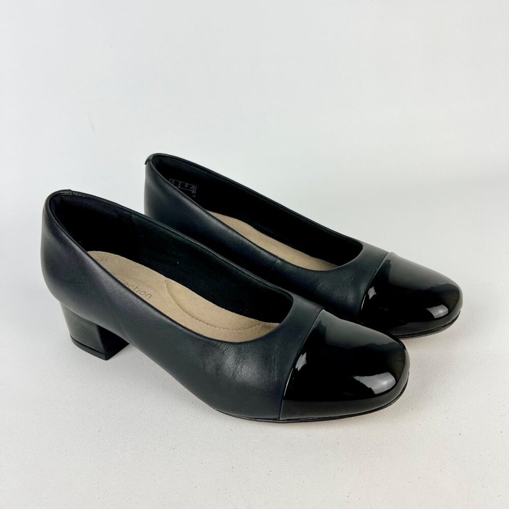 Clarks Womens Marilyn Sara Black Block Heel Pumps Patent Cap Toe size 6M